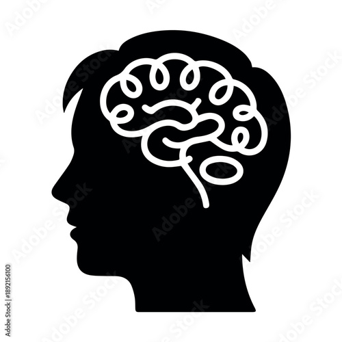 A black silhouette of a human head in profile, revealing a white outline of a brain inside, symbolizes intellect, thought processes, and the pursuit of knowledge.