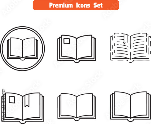 Set of six different line art icons representing open books on a white background