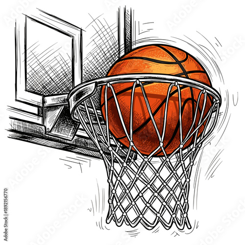 Basketball Hoop Illustration – Slam Dunk Ball in Net for Sports, Game & Athletic Design