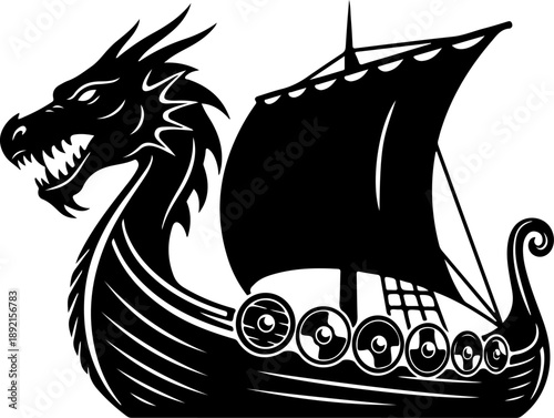 Dragon head with Viking ship Vector Art