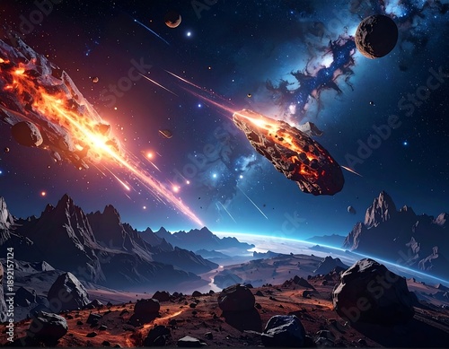 Wallpaper Mural A cosmic scene with a large asteroid hurtling towards a planet Torontodigital.ca