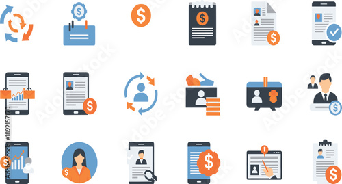 Mobile Finance and Business Management Illustration Set Featuring Payments, Documents, User Profiles, Analytics, and Digital Transaction Concepts for Modern Apps