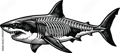Anatomical shark illustration with visible skeleton, black and white marine engraving style artwork, detailed ocean predator design, scientific wildlife vector graphic