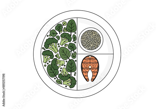 Balanced Healthy Meal Plate Visualization Showing Divided Sections With Vegetables Fish And Grains For Nutritional Guidance And Healthy Eating