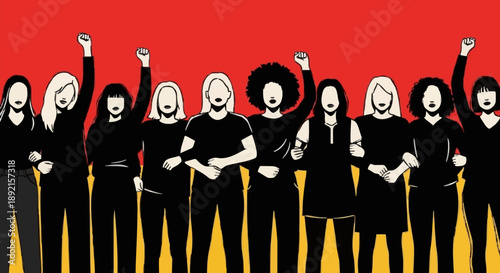 Diverse group of women standing together with raised fists.