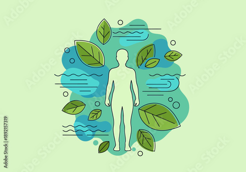 Human silhouette centered among swirling organic shapes and verdant leaves promoting healthy lifestyle and natural well being concept