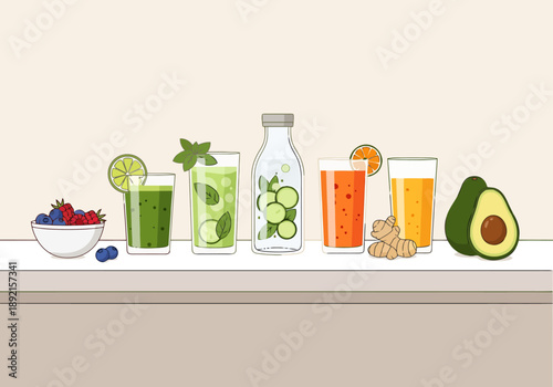 Healthy Beverage Assortment With Fresh Fruit and Vegetables Offers Refreshing Lifestyle Choices For Wellness and Nutrition