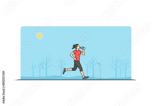Woman jogging outdoors in a park on a clear day taking a drink of water while exercising for fitness and wellness