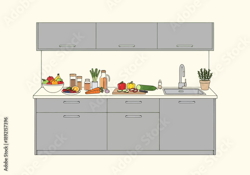 Modern contemporary kitchen interior design with fresh produce and cooking essentials arranged on countertops and cabinets for healthy meal