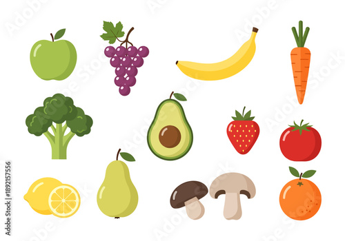 Collection of fresh and healthy fruits and vegetables arranged on a white background for nutritional content and diet concepts