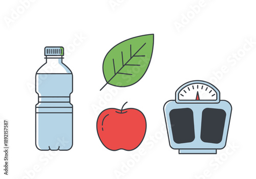 Healthy Lifestyle Elements Water Bottle Leaf Apple Fruit And Digital Scale Representation For Health And Wellness Concepts Visual