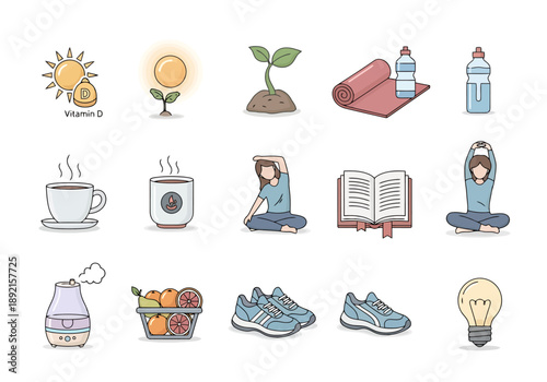 Healthy Lifestyle Icons Representing Wellness Nutrition Fitness and Self Care Practices For Daily Living And Personal Growth Concepts