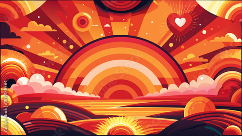 Vibrant sunset landscape with rainbow and heart