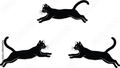 Black cat jumping silhouette set illustration, playful feline poses, minimalist animal artwork, dynamic pet movement design, isolated on white background