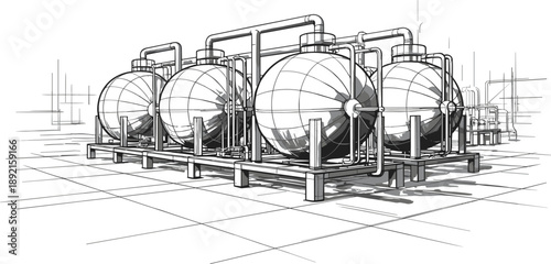 Industrial of spherical storage tanks and piping system in a factory setting with detailed architectural lines and shadows