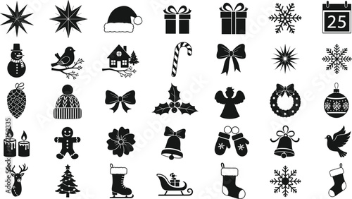Christmas and winter holiday icon set, festive symbols collection, black and white silhouette illustrations, 