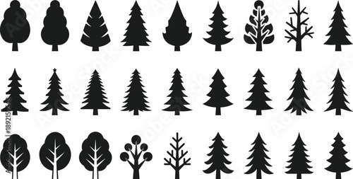 Collection of tree silhouettes in different shapes, deciduous and evergreen forest icons, black vector illustration set, nature landscape design elements