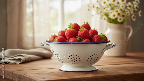 Fresh washed ripe strawberries resting in a vintage white enamel colander on a rustic wooden kitchen table with bright natural light.