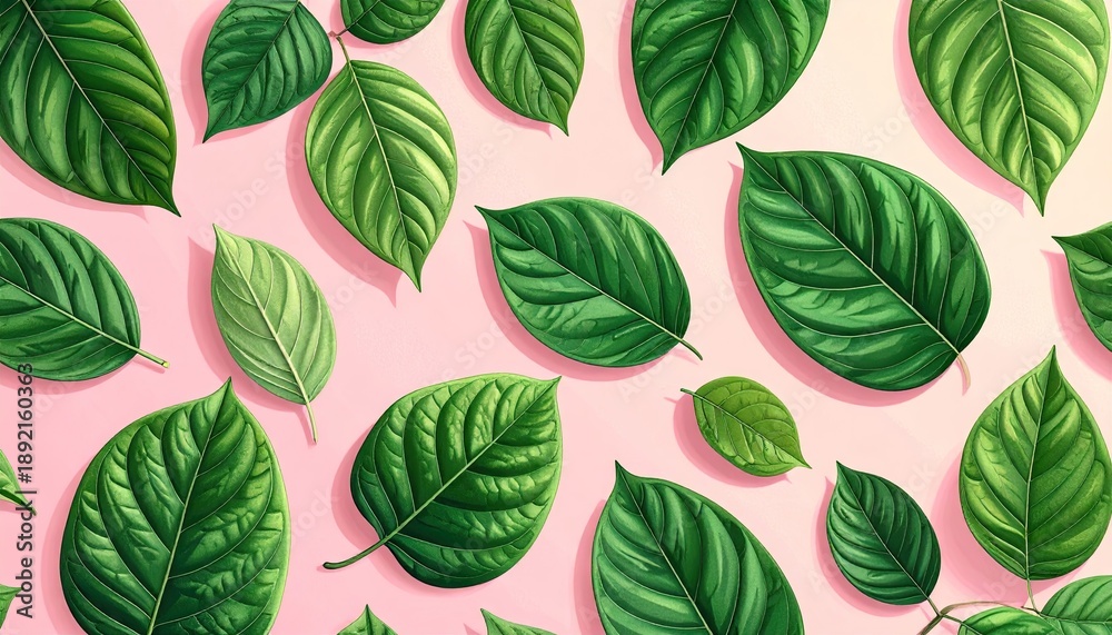 Obraz premium Vibrant green leaves scattered artistically on a soft pink background.