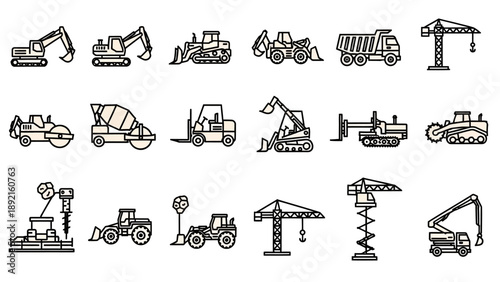 Heavy machinery construction equipment icons.
