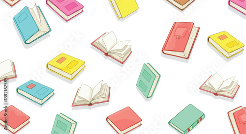 Seamless pattern of colorful open and closed books on white background