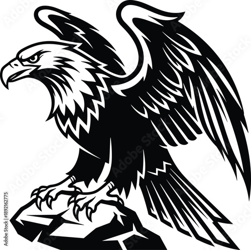 Majestic eagle silhouette perched on rock, powerful bird of prey with spread wings, black and white wildlife illustration, strength freedom symbol design