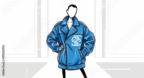 Fashion illustration of a blue bomber jacket on a mannequin.