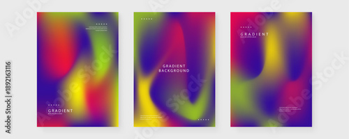 Trio of retro style posters featuring bold neon gradients in acid green purple and red with heavy grain texture