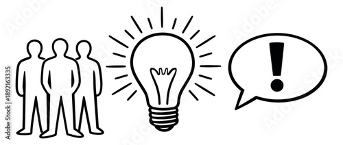 Line art illustration of a team with an idea depicting problem solving and communication for business