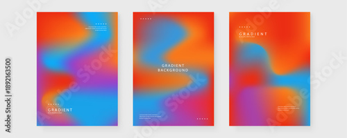 Set of three abstract posters featuring bold orange blue and purple fluid mesh gradients for contemporary art and graphic design inspiration