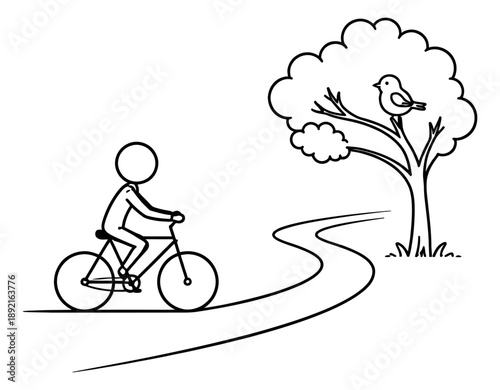 Hand drawn line art illustration of a person on a bicycle depicting cycling in nature for healthy lifestyle promotions