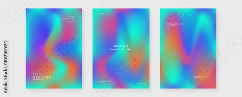 Collection of three abstract liquid gradient posters featuring vibrant holographic textures and modern typography for creative backgrounds