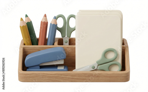 Wooden desk organizer with various stationery items like pencils stapler scissors and notebooks in soft matte 3d style