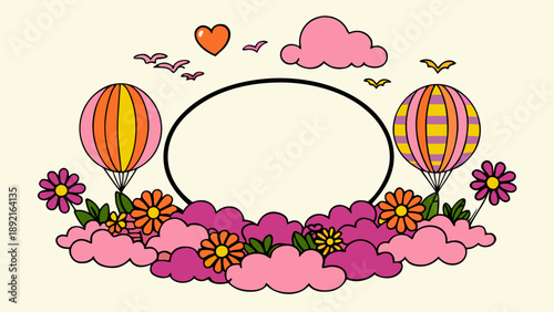 Whimsical hot air balloons and flowers frame