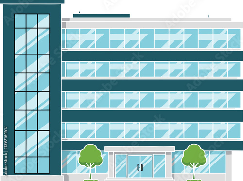 Modern office building vector illustration featuring glass facade corporate headquarters architecture exterior, urban business center, and city commercial property design