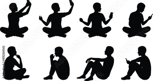 People using smartphone silhouettes set, sitting and meditating poses, modern lifestyle addiction concept, black human figures vector illustration isolated on white background