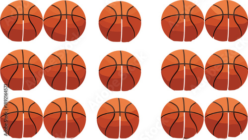 Basketball ball vector illustration set featuring orange sports balls in different arrangements, athletic equipment icons, and professional game design elements