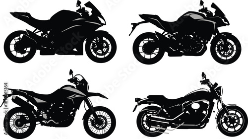 Black motorcycle silhouettes vector set featuring sportbike, adventure, cruiser, and touring bikes isolated on white background illustration high detail collection