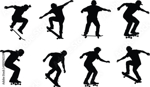 Collection of Skateboarder Silhouette Vector Illustration Set, Athletes Performing Tricks and Jumps for Extreme Sports Urban Culture and Active Youth Lifestyle Design