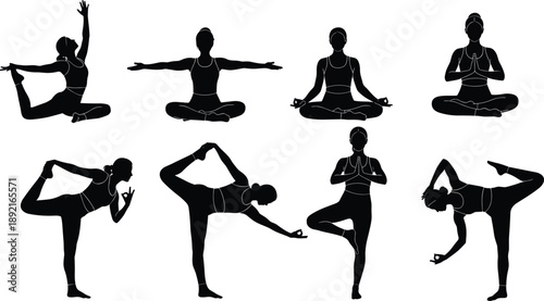 Collection of Yoga and Meditation Silhouette Vector Illustration Set, Women Practicing Zen Fitness Exercise for Wellness Health Mindfulness and Balanced Active Lifestyle Design,