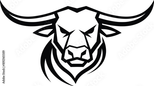 Powerful bull head logo illustration, black and white aggressive mascot emblem, modern geometric livestock symbol, strong branding vector design