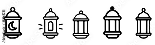 Islamic Lantern Icon Set with Different Traditional Ornaments and Moon Symbols in Minimalist Line Art Style
