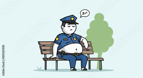Fat Police Officer Sleeping on Park Bench.
