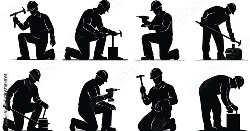 Construction Worker Silhouette Vector Illustration Set, Builders Using Hammer and Drill for Repair Maintenance Renovation and Industrial Professional Graphic Design