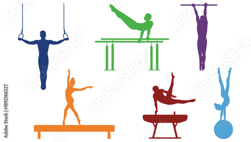 A colorful illustration of gymnasts performing various exercises and routines