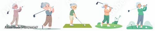 grandma is playing golf in a simple and minimalist flat design vector style