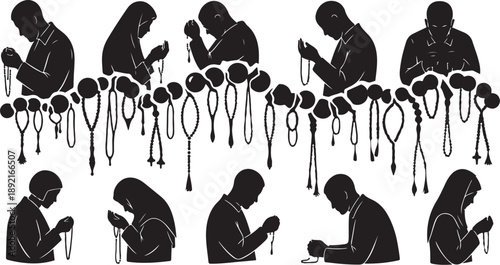 Silhouette of man in various prayer positions with rosary