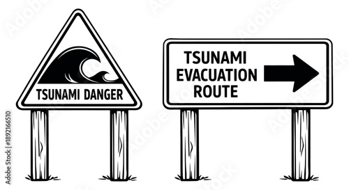 Line art warning sign set featuring tsunami danger and evacuation route signs for emergency preparedness