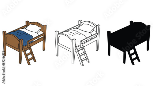 Three different colored bunk beds with ladders on a white background