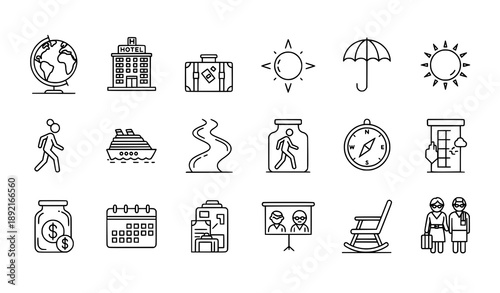 Travel tourism retirement rounded line icons modern senior lifestyle vector set